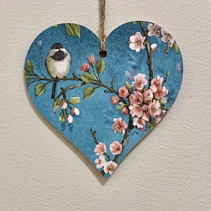 Bird in Blossom Decoupaged 12cm Wooden Heart Plaque / Cottage Decor / Mothers day gift / Keepsake gift for her