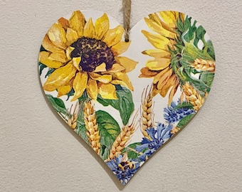 Sunflowers - 15cm Decoupaged Wooden Heart Plaque / Sunflower Decor