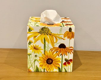 Tissue Box Cover - Yellow flowers / Tissue box holder / Tissue box storage / wooden tissue box / Mothers Day Gift / Decoupaged tissue box