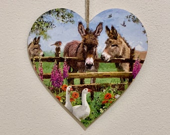 Donkey Meeting Point - 15cm handcrafted decoupaged wooden heart plaque / Donkey Decor / Donkey ornament