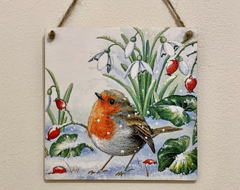 Robin with Snowdrops - 15cm square decoupaged wooden plaque / Robin Decor / Christmas Ornament