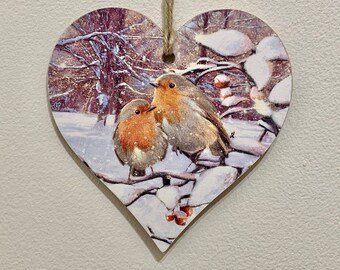 Robin Wooden Heart Plaque: Handcrafted Winter Ornament / Robin Decor / Robin ornament / Robin Hanging Heart / Decoupaged Robin Heart