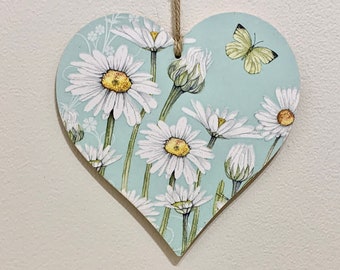 Daisy and butterfly 15cm decoupaged wooden heart plaque