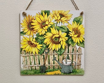 Sunflower Garden decoupaged 15cm square wooden plaque