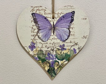 Vintage Purple Butterfly - 15cm decoupaged wooden heart plaque / Butterfly Decor / Butterfly Ornament