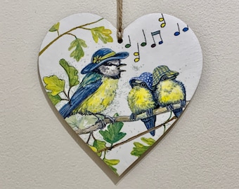 Bird song 15cm decoupaged wooden heart plaque