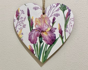 Iris flower 12cm decoupaged wooden heart plaque / Iris decor / Iris ornament / Mother’s Day Gift / Iris