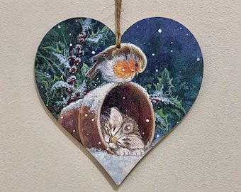 Decoupage Kitten & Robin Heart Plaque:  Christmas Ornament / Christmas Decoration / Stocking Filler / Secret Santa