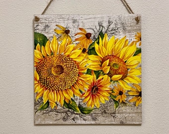 Handmade Sunflower Square Decoupaged Wooden Plaque
