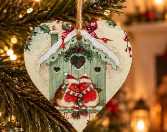 Robin Heart Plaque: Handcrafted Wooden Ornament / Christmas decor / Christmas ornament / Cute Robin decor / Wooden Robin heart / Robin decor