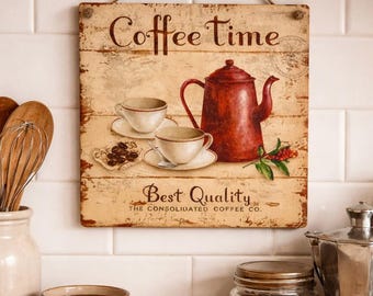 Handmade Coffee Time - decoupaged wooden plaque / Kitchen Decor / Farmhouse Kitchen / Country Kitchen / Kitchen Picture / Coffee lover gift