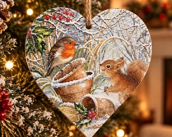 Robin & Squirrel wooden heart plaque / Winter Decor / Winter ornament / Handmade Gift / Rustic festive decor / Robin ornament / Robin decor