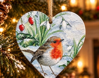 Robin & Snowdrops Wooden Heart Plaque: Winter Decor / Robin Decor / Robin Ornament / Robin Hanging Heart / Decoupaged Robin heart