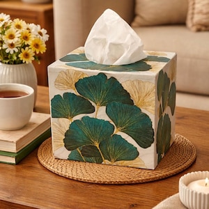 Handmade Ginkgo Leaf Pattern Decoupaged Wooden Tissue Box / Tissue Box Storage / Tissue Box Holder / Decorative Tissue Box Cover