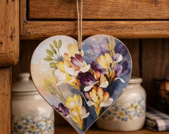 Handmade Freesia flowers Decoupaged Wooden hanging Heart Plaque
