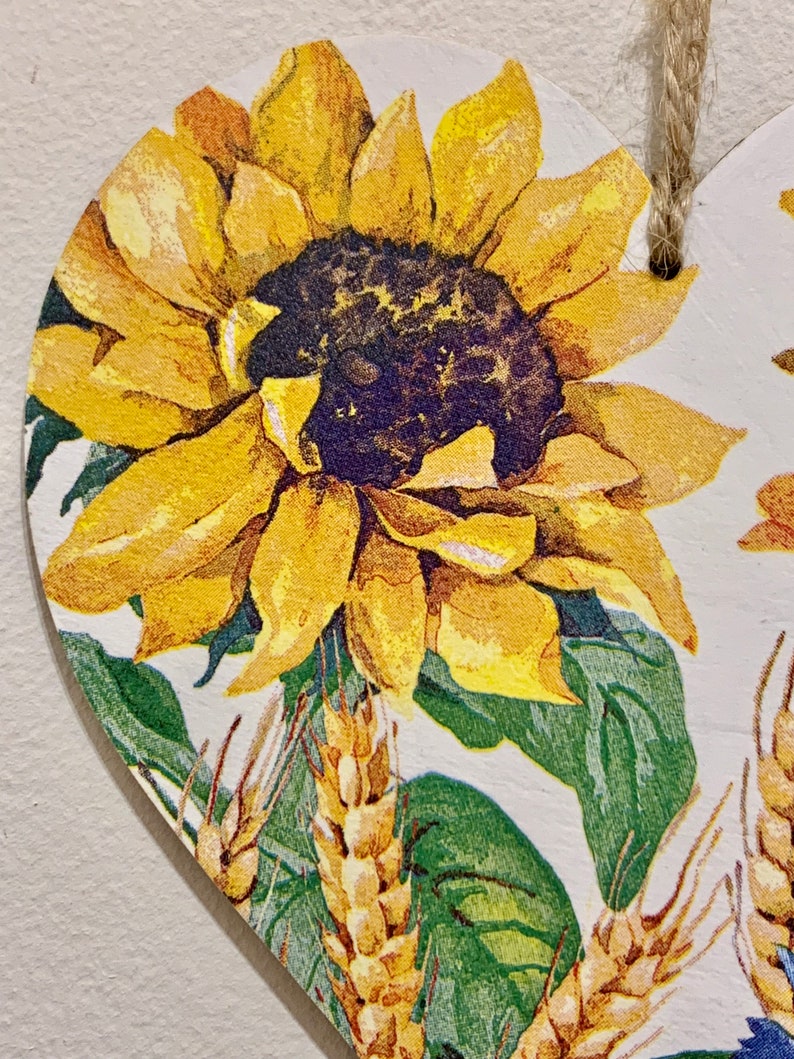 Sunflowers 15cm Decoupaged Wooden Heart Plaque / Sunflower Decor image 2