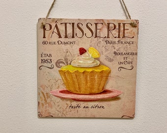 Patisserie - French style handcrafted 15cm decoupaged wooden plaque / Kitchen Decor / Kitchen Ornament