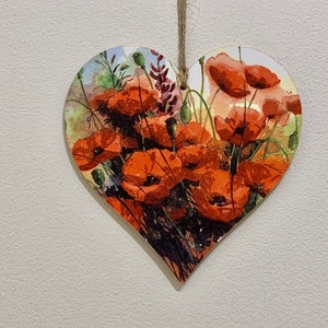 Poppy Field handcrafted 15cm decoupaged wooden heart plaque image 1