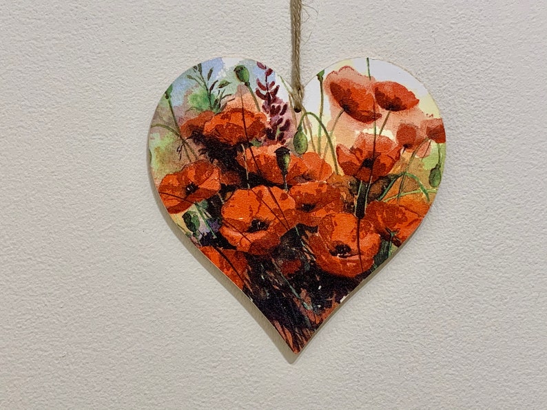 Poppy Field handcrafted 15cm decoupaged wooden heart plaque image 1