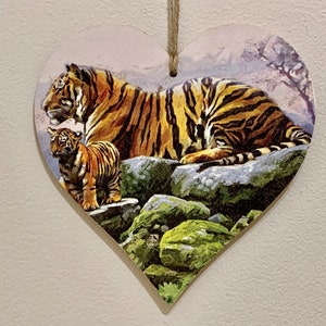 Decoupage Tiger and Cub Wooden Heart Plaque: Handmade Tiger Decor