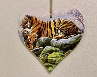 Tiger and Cub 15cm decoupaged wooden heart plaque