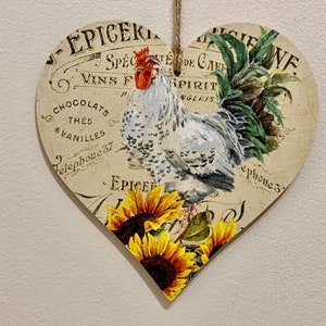 French Rooster with Sunflowers 15cm decoupaged wooden heart plaque / French Style / Kitchen Decor / Rustic Kitchen / Sunflowers