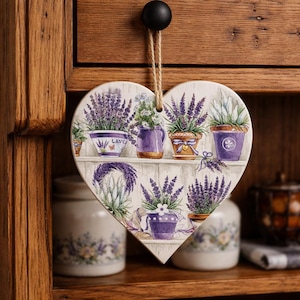 Lavender Pots - 15cm decoupaged wooden heart plaque / Crafted wooden heart / Mothers Day Gift / Cottage Decor / keepsake Gift For Her