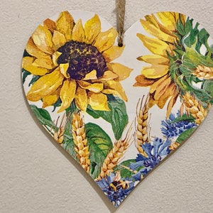 Sunflowers 15cm Decoupaged Wooden Heart Plaque / Sunflower Decor image 5