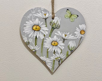 Daisy- Handcrafted 15cm decoupaged wooden heart plaque