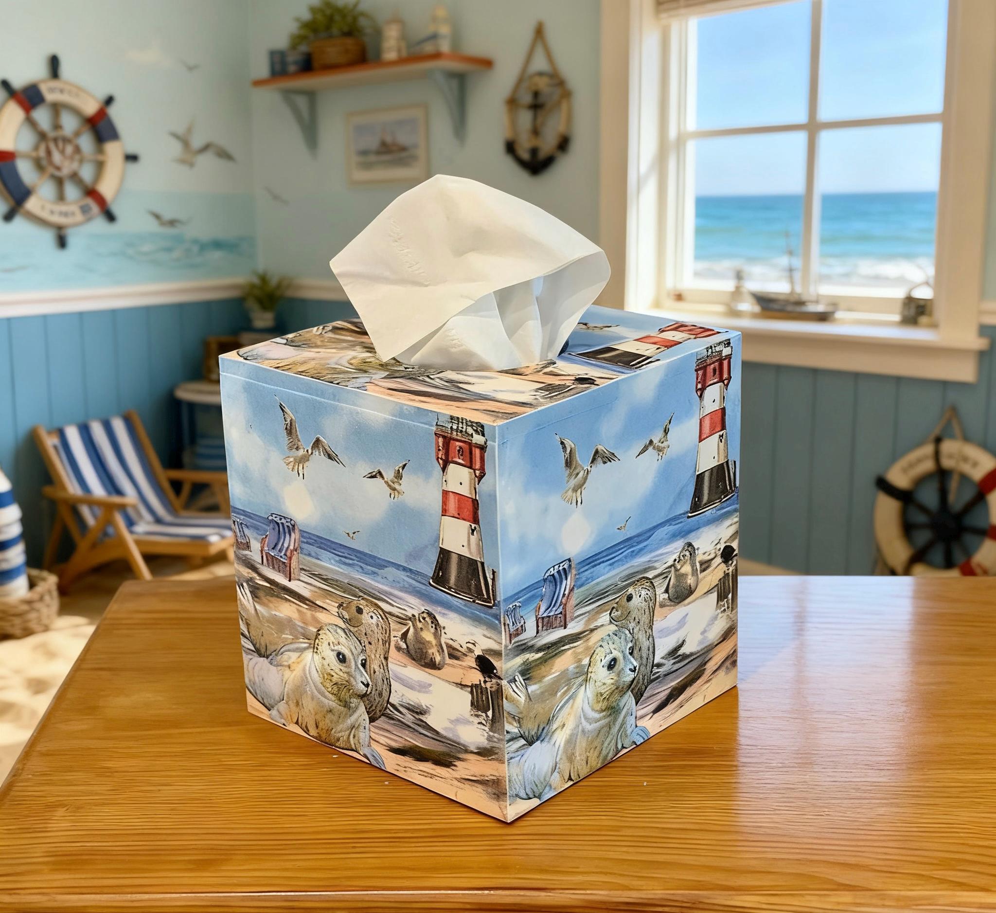 Tissue Box Cover - Seaside Seals / Seaside Decor / Tissue Box Holder / Beach Hut Decor / Decorative Tissue Box / Wooden Tissue Box