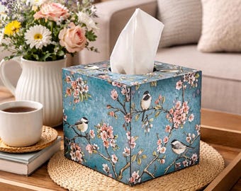 Tissue Box Cover - Birds in Blossom / Tissue Box Holder / Tissue Box Storage / Mother’s Day gift / Cottage Decor / Decoupaged tissue box
