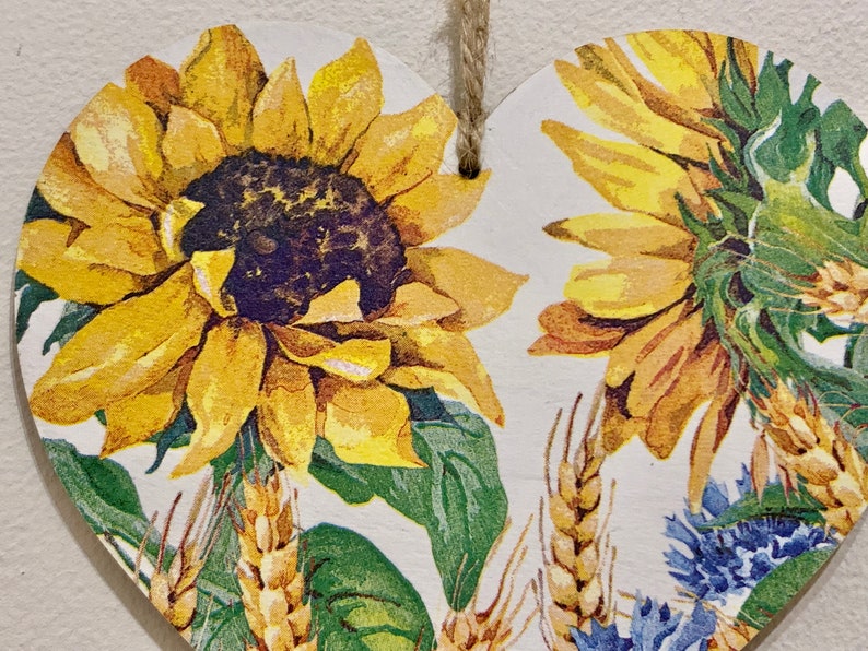 Sunflowers 15cm Decoupaged Wooden Heart Plaque / Sunflower Decor image 3