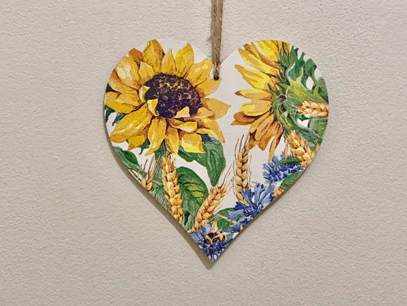 Sunflowers 15cm Decoupaged Wooden Heart Plaque / Sunflower Decor image 1