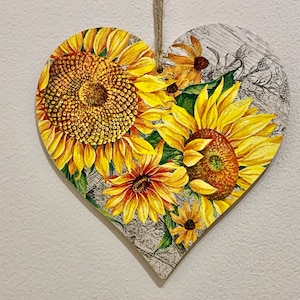 Vibrant Sunflower handcrafted 15cm decoupaged wooden heart plaque