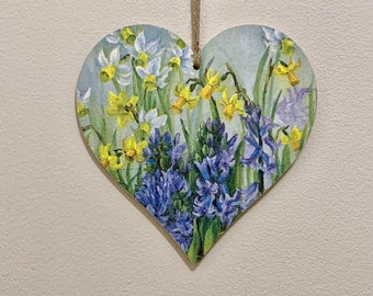 Daffodils and Bluebells handcrafted 15cm decoupaged wooden heart plaque