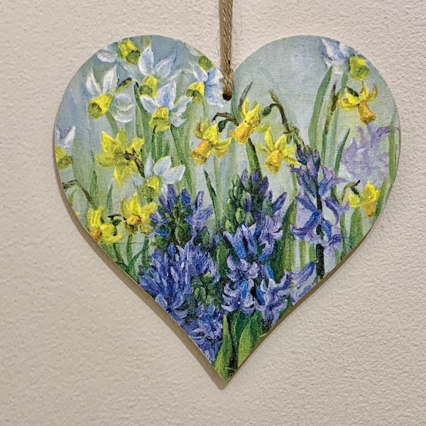 Daffodils and Bluebells handcrafted 15cm decoupaged wooden heart plaque