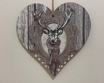 Decorative Stag - handcrafted 15cm decoupaged wooden heart plaque / Stag Decor / Stag Ornament