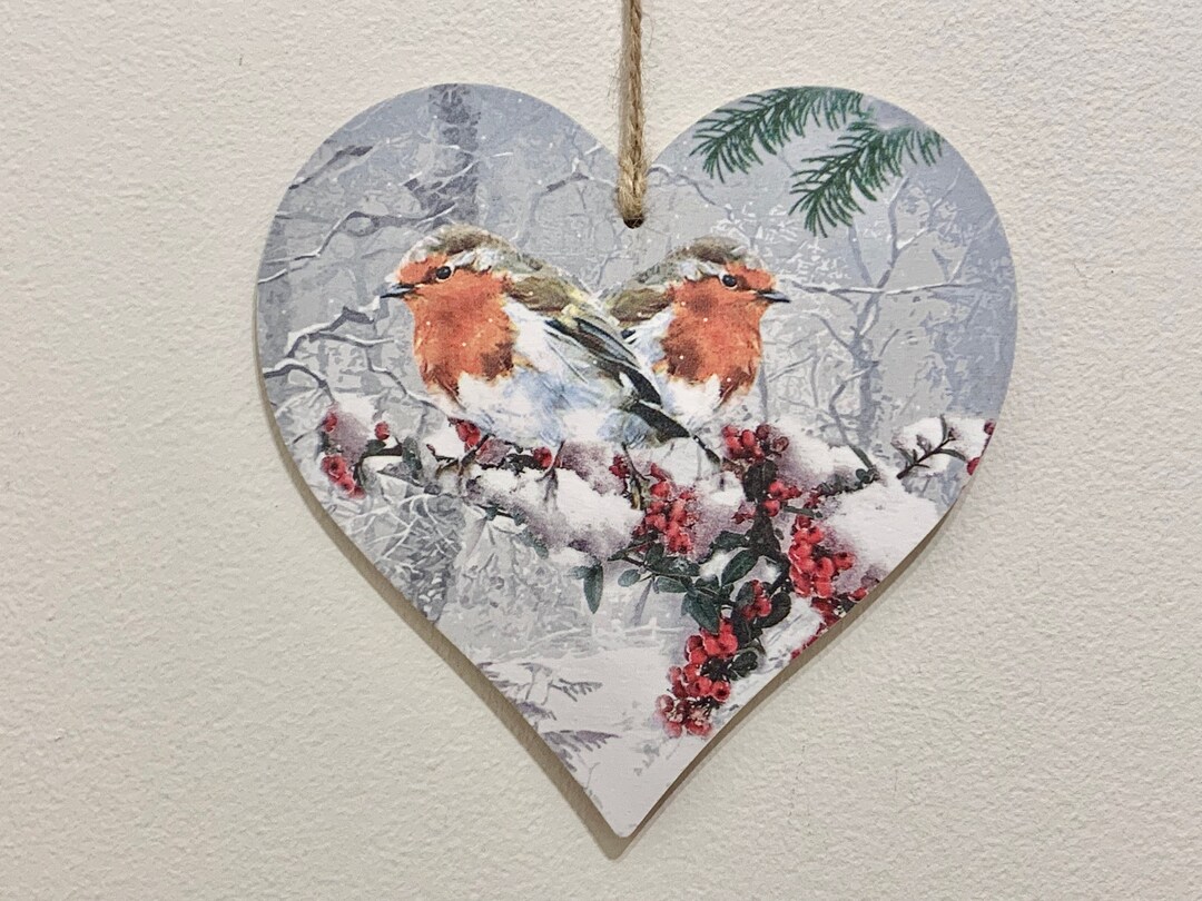 Robin Decoupaged Winter Robin Decoupaged Wooden Heart Plaque / Winter Decor / - Etsy