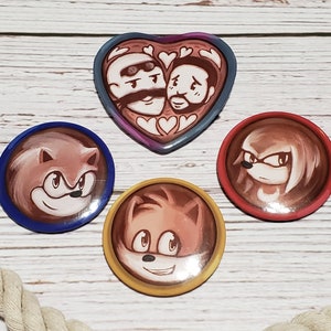 Sonic the Hedgehog 2 Movie Circle and Heart Latte Pinback Buttons - Stobotnik, Agent Stone, Robotnik, Sonic, Tails, and Knuckles