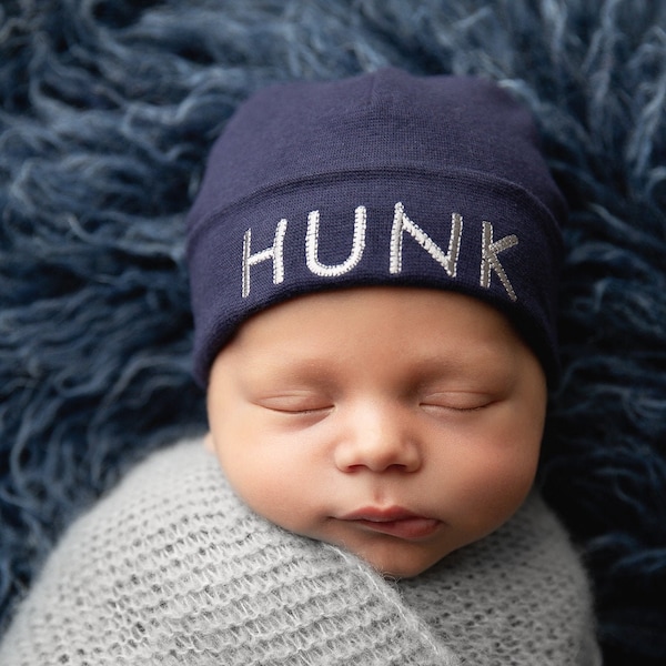 HUNK Hospital Hat - Navy Newborn Hat - Newborn Beanie - Baby Boy hat - First hat - Embroidered hat - Preemie hat,