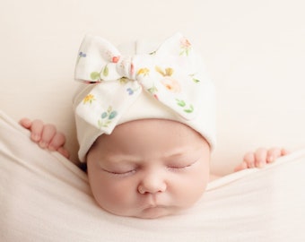 Woodland Floral // Organic Newborn Hat, Newborn Beanie, Baby girl hat, Preemie hat, baby girl gift, newborn hat with bow, Rainbow Baby