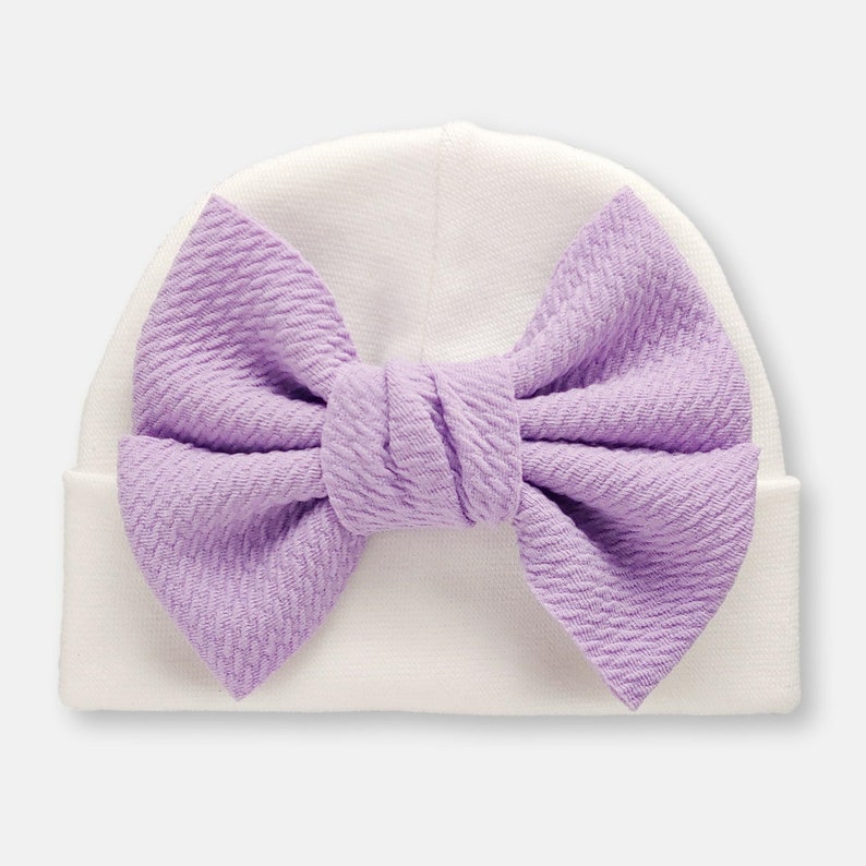 Lilac Little Poppy Bow Hat // Newborn Hat, Newborn Beanie, Baby girl hat, Preemie hat, baby girl gift, newborn hat with bow image 6