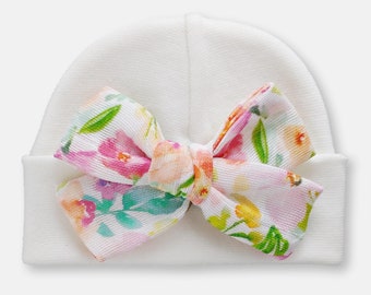 Rainbow Floral // Newborn Hat, Newborn Beanie, Baby girl hat, Preemie hat, baby girl gift, newborn hat with bow, Rainbow Baby