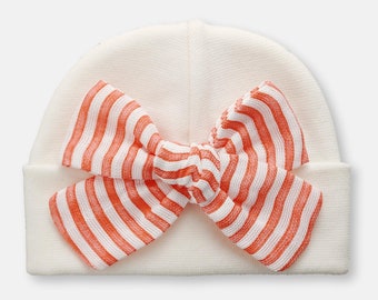 Candy Cane Stripes // Newborn Hospital Hat, Newborn Beanie, Baby girl hat, Preemie hat, baby girl gift, newborn hat with bow, Ivory baby hat