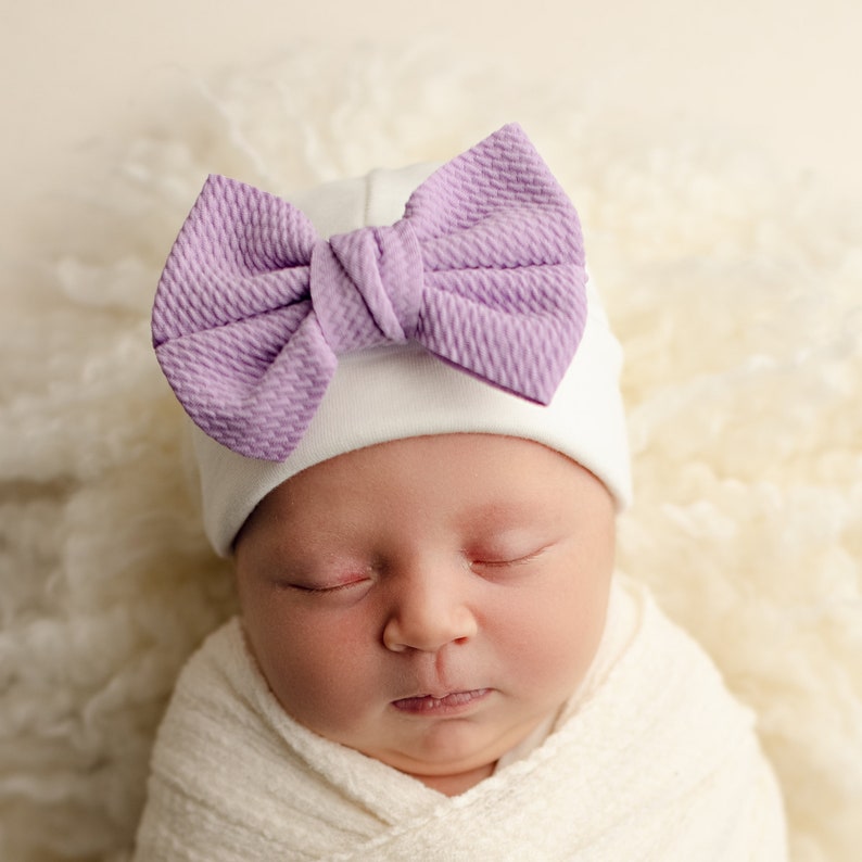 Lilac Little Poppy Bow Hat // Newborn Hat, Newborn Beanie, Baby girl hat, Preemie hat, baby girl gift, newborn hat with bow image 1