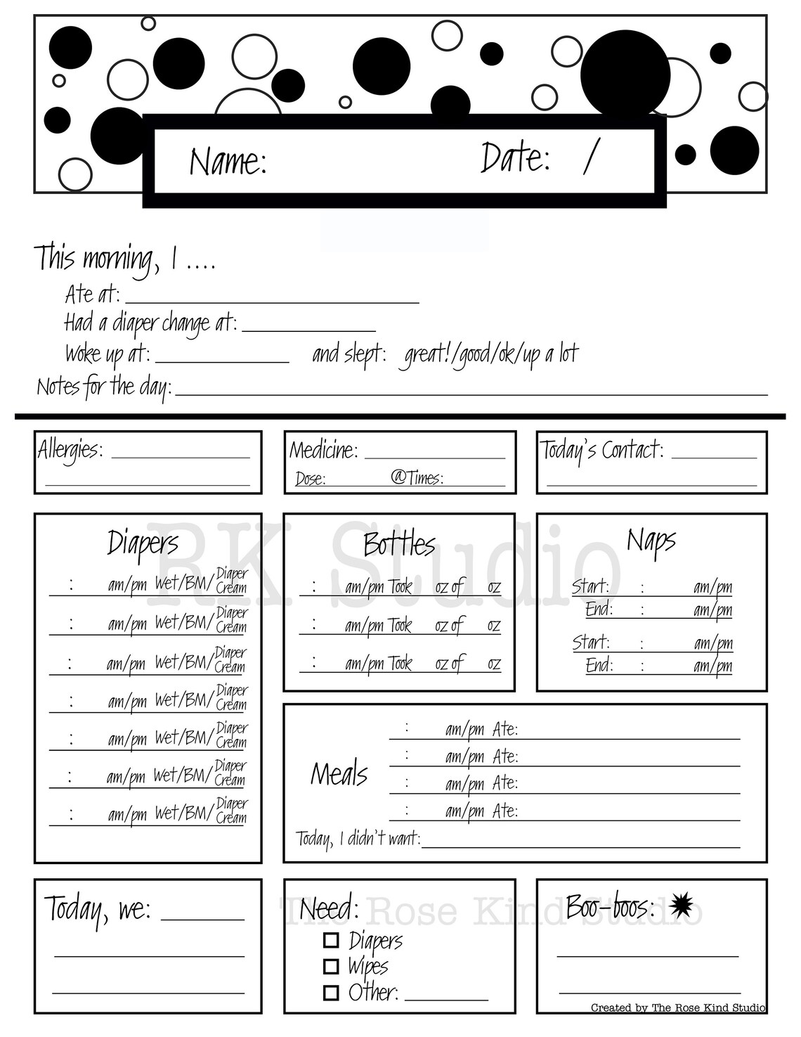 Printable Planner Child Care Sheet for Infants and Toddlers Etsy