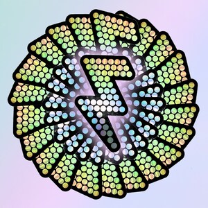 May include: A circular design featuring a stylized lightning bolt at the center, surrounded by layered, iridescent shapes. The shapes have a black outline and are filled with small, circular perforations, creating a textured effect. The background has a soft gradient.