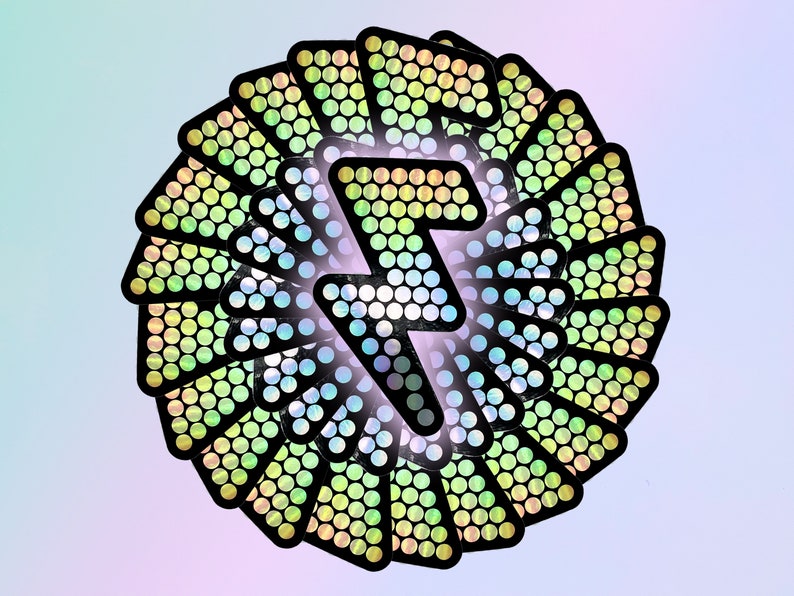 May include: A circular design featuring a stylized lightning bolt at the center, surrounded by layered, iridescent shapes. The shapes have a black outline and are filled with small, circular perforations, creating a textured effect. The background has a soft gradient.
