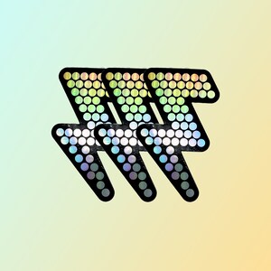 May include: Three black lightning bolt stickers with a holographic, rainbow-colored dot pattern. The stickers are arranged in a row, with a gradient background of light blue to yellow.