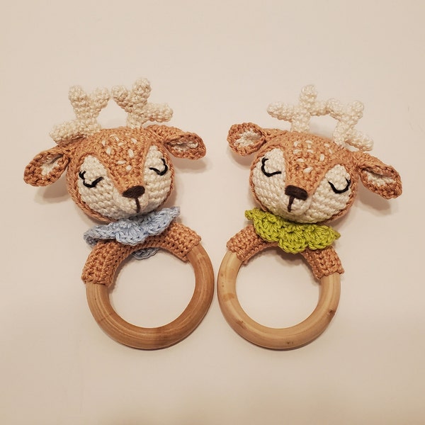 Amigurumi Deer Wooden Teether and Rattle, choice of color for the collar